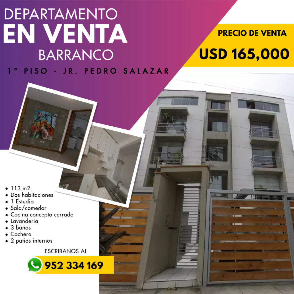 Venta de Departamento En Barranco, Lima – US$ 163,000 – pedro salazar