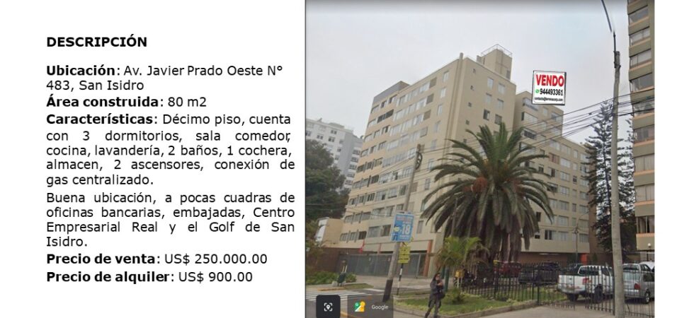 Venta de Departamento En San Isidro, Lima – US$ 250,000 – AV. JAVIER PRADO OESTE