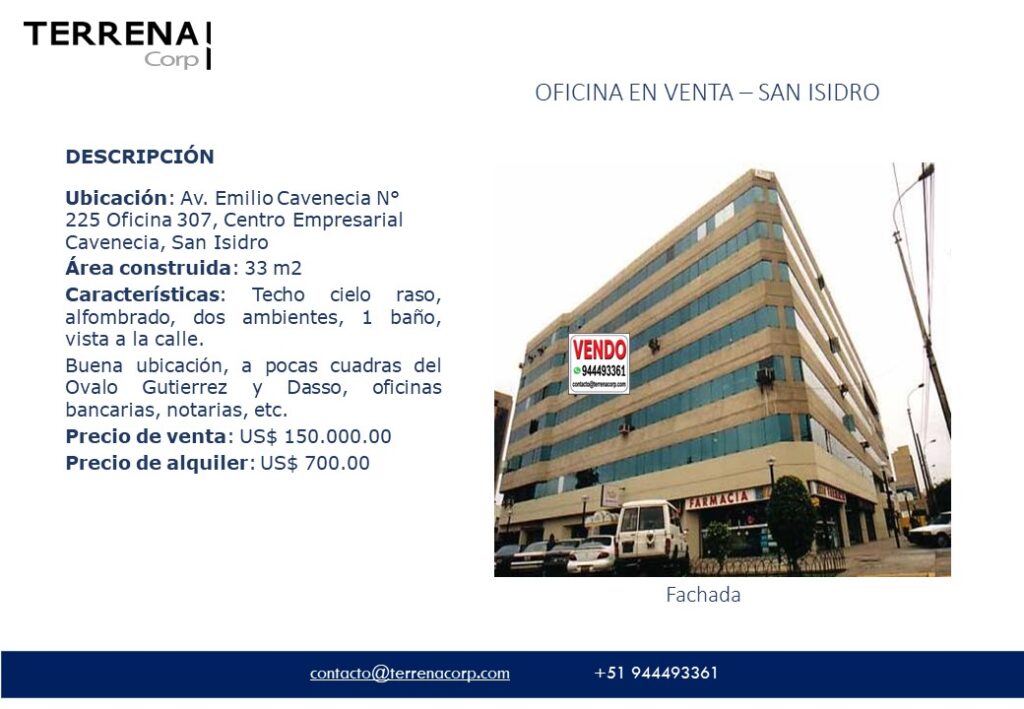Venta de Oficina En San Isidro, Lima – US$ 150,000 – AV. EMILIO CAVENECIA